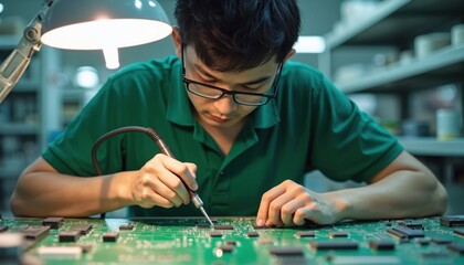 Technician solders microchips to circuit board. Man with glasses works in tech factory. Skilled worker uses soldering iron for electronic component assembly at workplace in modern industry.