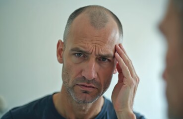 Obraz premium Man looks in mirror with furrowed brow, hand on temple. He appears concerned about hair loss or thinning. Reflecting on aging and self-image, he feels worried.