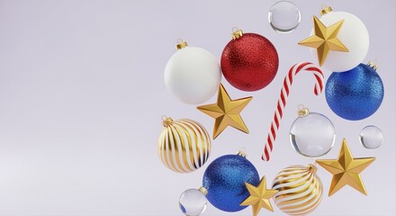 festive christmas ornaments floating with candy cane and stars on white background