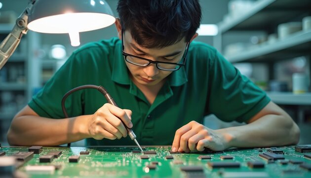 Technician solders microchips to circuit board. Man with glasses works in tech factory. Skilled worker uses soldering iron for electronic component assembly at workplace in modern industry. - Powered by Adobe