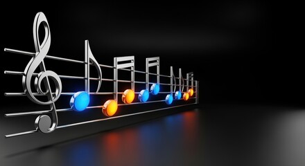 colorful musical notes and symbols on black background conveying harmony and creativity