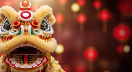 Fototapeta premium ornate lion dance costume with golden fur during chinese new year celebration