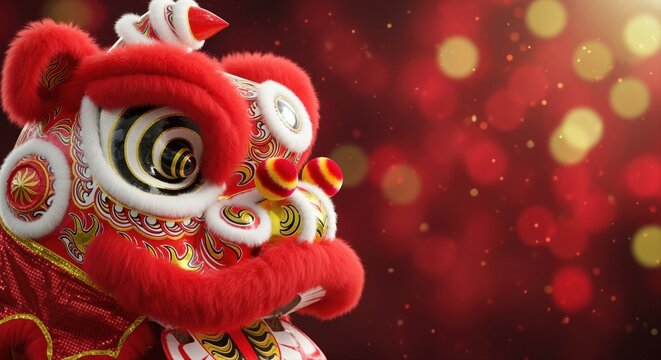 chinese new year dragon costume against festive red background with glowing lights