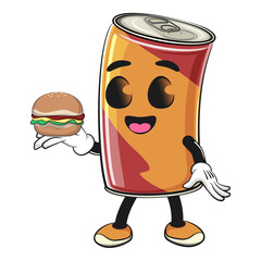 cute soda can mascot carrying a burger, cartoon drink character vector illustration, work of hand drawn