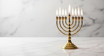 Fototapeta premium menorah with glowing candles on marble table symbolizing hanukkah celebration and tradition