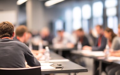 Professional Workshop Breakout Blur: A training workshop with blurred breakout groups discussing tasks. High quality. High quality