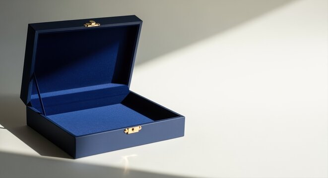 open blue jewelry box on white surface with morning sunlight creating shadows