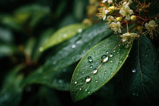 Close-up of water droplets on green leaves and delicate blooming flowers - Powered by Adobe