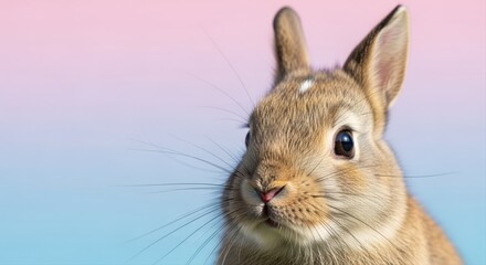 Obraz premium cute young rabbit against pastel pink and blue background looking curiously
