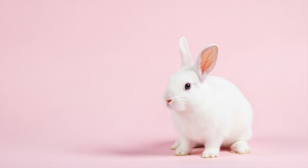Obraz premium cute white rabbit sitting on pastel pink background in studio setting calmly