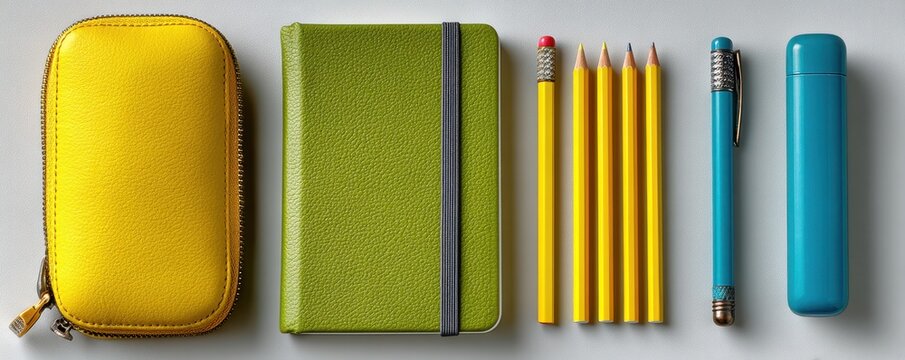 Yellow pencil case and green notebook with pencils and pen arranged orderly