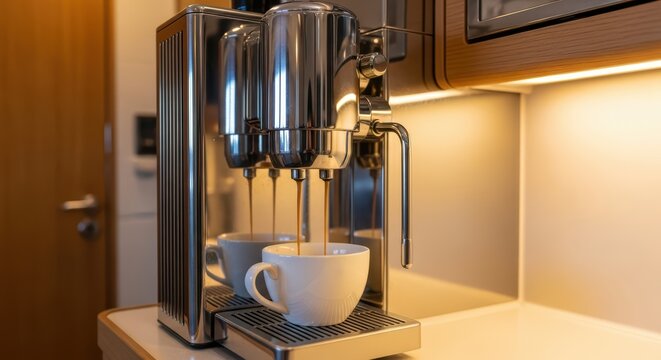 Modern stainless steel espresso machine brewing fresh coffee in contemporary kitchen