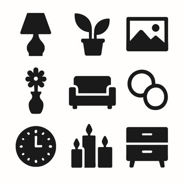 Black silhouette icons of home decor items including lamp, plant, vase, sofa, candles, clock, and cabinet