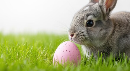 adorable gray rabbit with pink easter egg on lush green grass during springtime