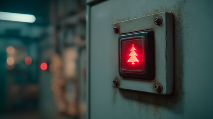 A bright red indicator light with a Christmas tree design on an industrial control panel: a concept that brings Christmas