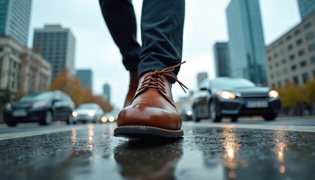 Person walks forward in brown leather shoe on wet city street with water reflections. Cars, modern skyscrapers visible in blurred background. Daily commute, urban movement in dynamic city