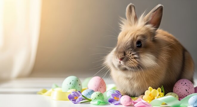 fluffy bunny with easter eggs in a sunlit room, springtime celebration and pastel colors
