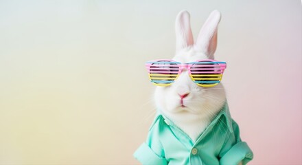 white rabbit wearing colorful sunglasses and shirt against pastel background, stylish pet fun