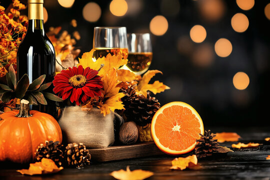 Cozy autumn wine still life with pumpkin and orange