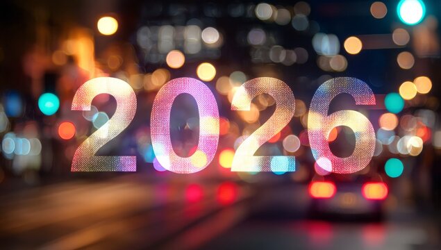 2026: A Vision of the Future: An artistic image captures the essence of the year 2026, set against the backdrop of blurred city lights and the anticipation of new beginnings.