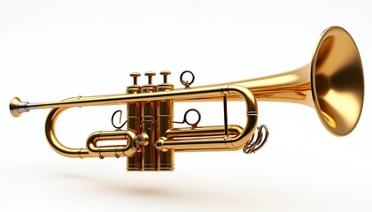 Fototapeta premium Detailed studio shot presents golden trumpet. Brass wind instrument gleams. Metallic shine trumpet parts. Trumpet lies isolated against clear white background. Musical instrument, gold colour,