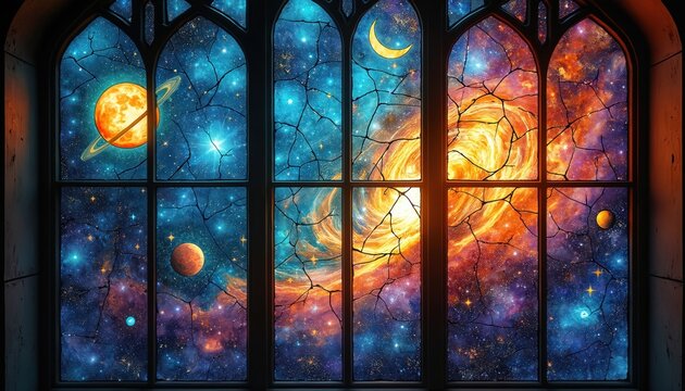 Gothic window frames view of colorful nebula stars and planets. Cosmic scene with cracked glass effect. Solar system elements and celestial bodies visible.