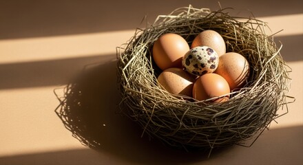 rustic bird nest with brown eggs and a quail egg casting shadows in warm sunlight