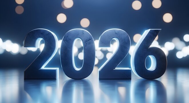 Futuristic 2026 numbers glowing with neon blue light and bokeh background