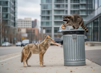 Raccoon on galvanized trash can eating a bagel, while coyote on sidewalk holds cardboard, both scavenging in urban city