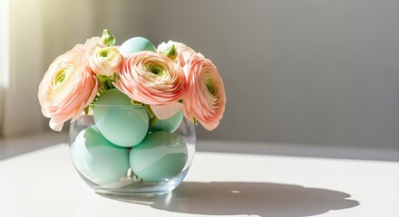 pastel colored easter eggs and ranunculus flowers in a vase on a sunlit table