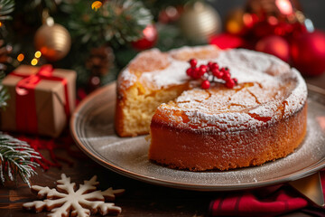 Traditional Greek Vasilopita dusted with powdered sugar, capturing festive New Year symbolism and a classic holiday presentation.