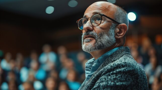 An Engaged Speaker Reflecting on Ideas During a Dynamic Conference Setting With an Audience Enthusiastically Listening in the Background