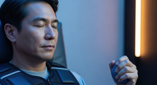 asian man meditating with stress ball in futuristic room with soft lighting