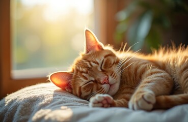Obraz premium Cute ginger cat sleeps on soft pillow in warm sunlight. Adorable red tabby kitten rests with eyes closed near window. Domestic furry pet enjoys cozy comfortable nap at home, dreaming peacefully in
