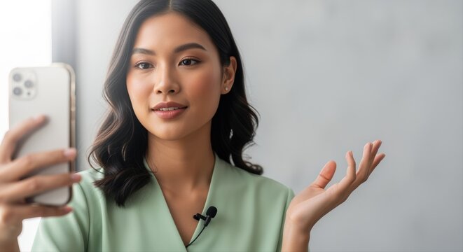 young asian woman video conferencing at home with smartphone wearing green blouse
