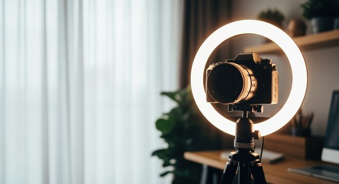 camera with ring light setup in modern home office for vlogging or video recording