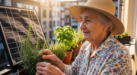 elderly woman tending balcony herb garden with solar panel installation in urban setting