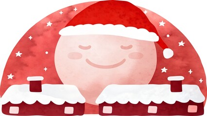 Smiling moon wearing a Santa hat over snowy rooftops in winter scene  