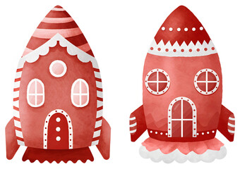 Gingerbread house shaped like a rocket in festive red colors for winter  