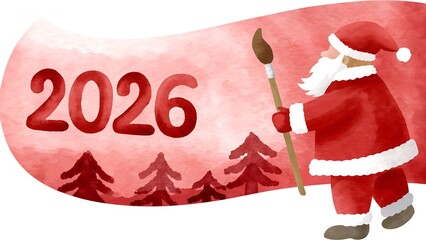 Santa Claus happily holding a paintbrush with the number 2026 and Christmas trees in the background
