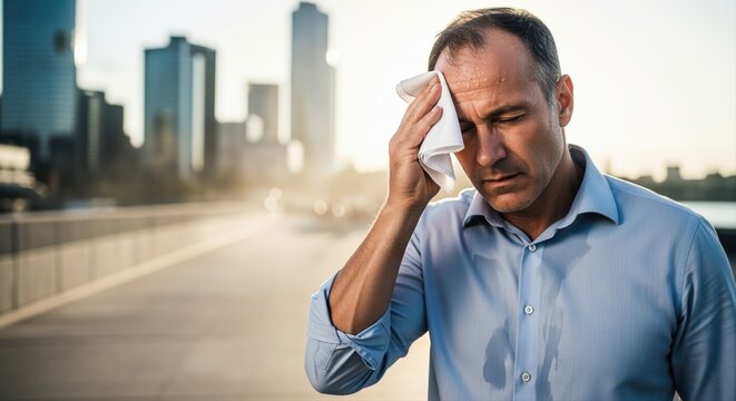 tired business executive wiping sweat on city street during hot summer day
