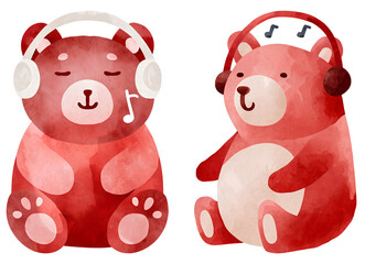 Cute bear wearing headphones and enjoying music