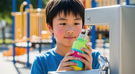 young boy filling colorful water bottle at outdoor playground water fountain on sunny day