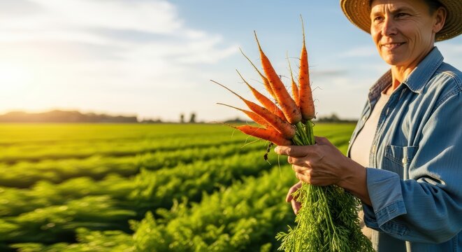 Mature caucasian female farmer holding freshly harvested carrots in sunlit field