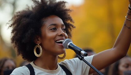 Girl speaks to crowd with microphone outside. Woman talks at rally with raised arm. Activist delivers speech. Female leads protest. Diversity, inclusion concept. Event captures youth involvement,