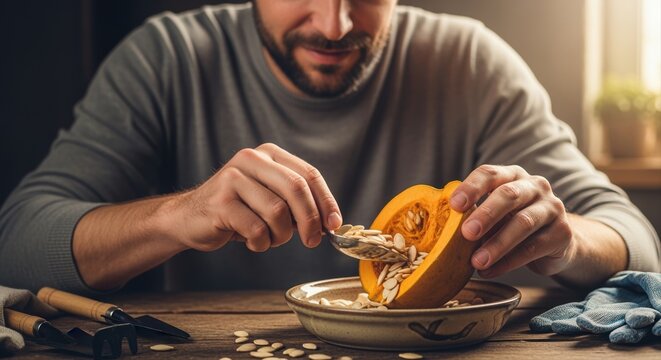 young man scooping pumpkin seeds from fresh pumpkin in cozy kitchen setting - Powered by Adobe