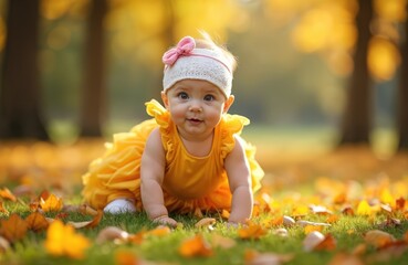 Cute baby girl crawls on grass with autumn leaves. She wears yellow dress and headband with pink bow. Adorable infant smiles, exploring park during fall season.