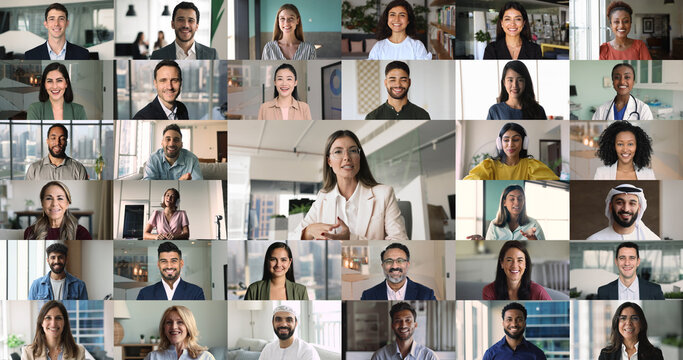 Zoom out collage diverse people talking on video call