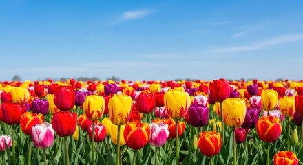 Vibrant tulip field under clear blue sky in spring bloom