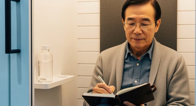 elderly asian man writing in journal in modern office with thoughtful expression